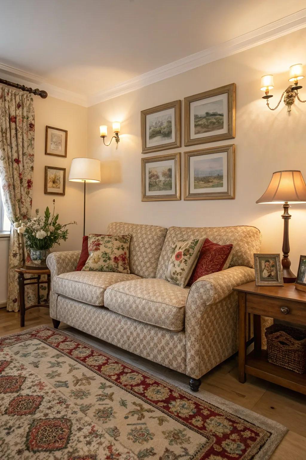 A subtly patterned sofa that enriches small-space design.