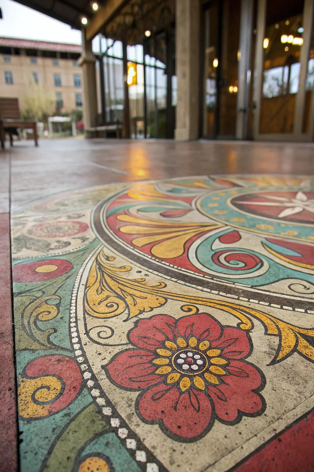 Concrete flooring featuring striking corrosive-tinted patterns.