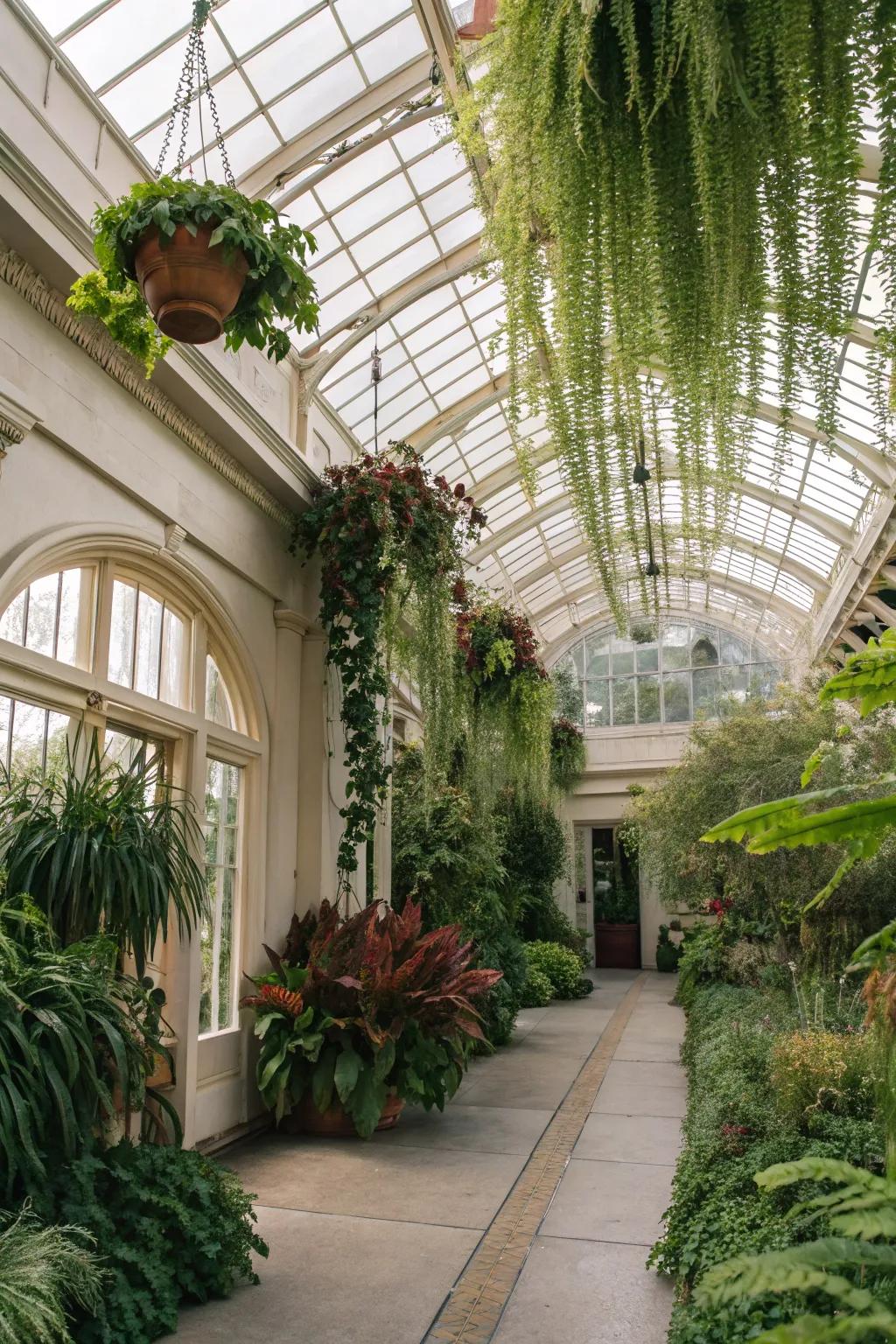 Suspended flora introducing a charming touch to a sunroom.