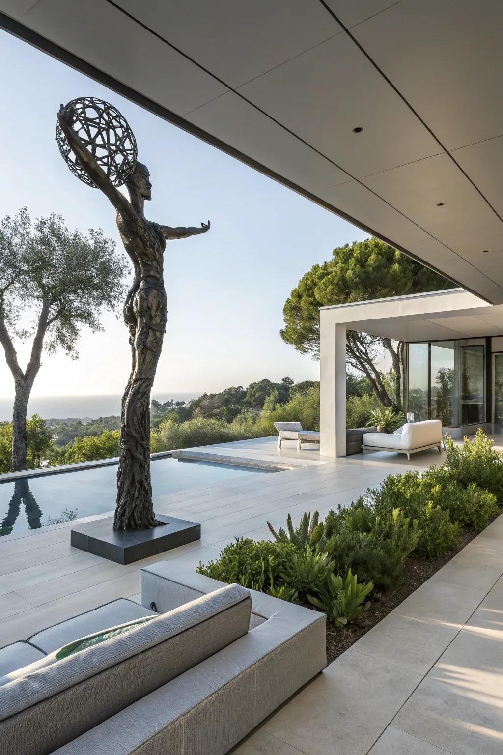 A creative sculpture acts as a striking focal point on a patio.