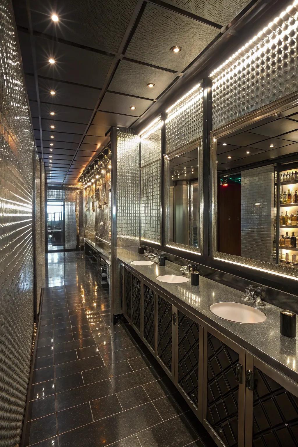 Construct a chic and modern aesthetic with reflective paneling and mirrors.