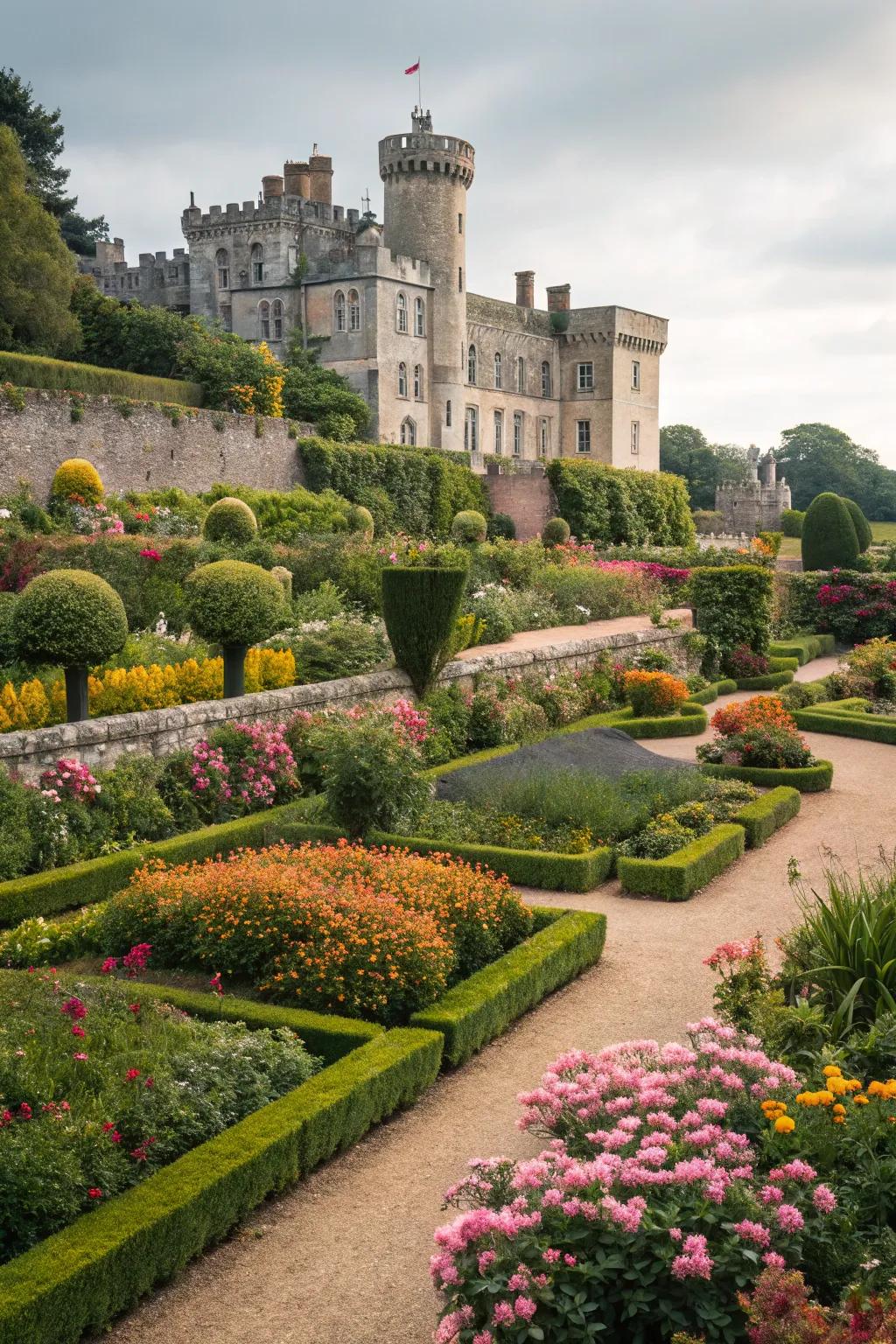 Nature's beauty in a castle's embrace.