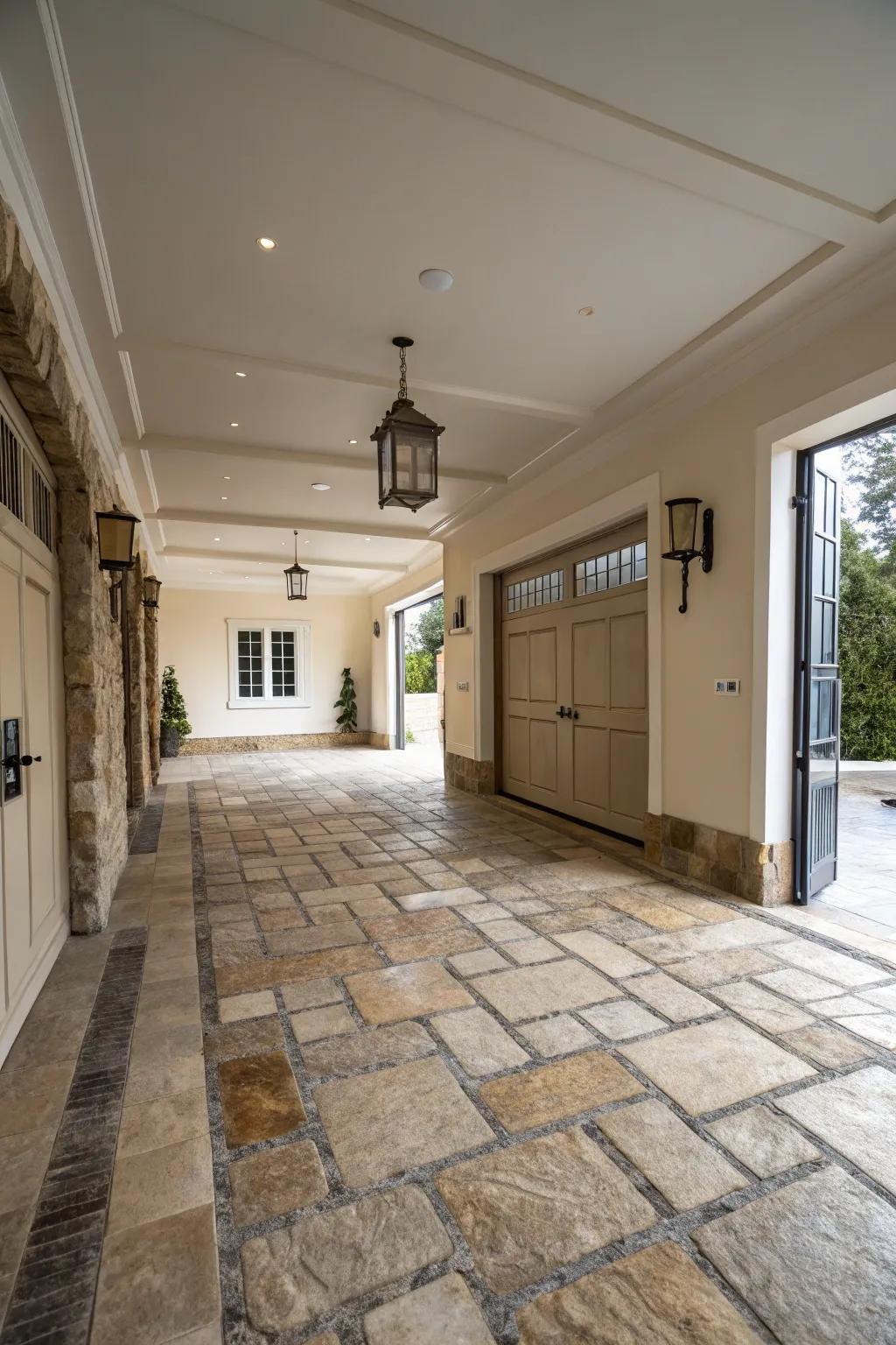 Natural stone flooring adds timeless elegance.