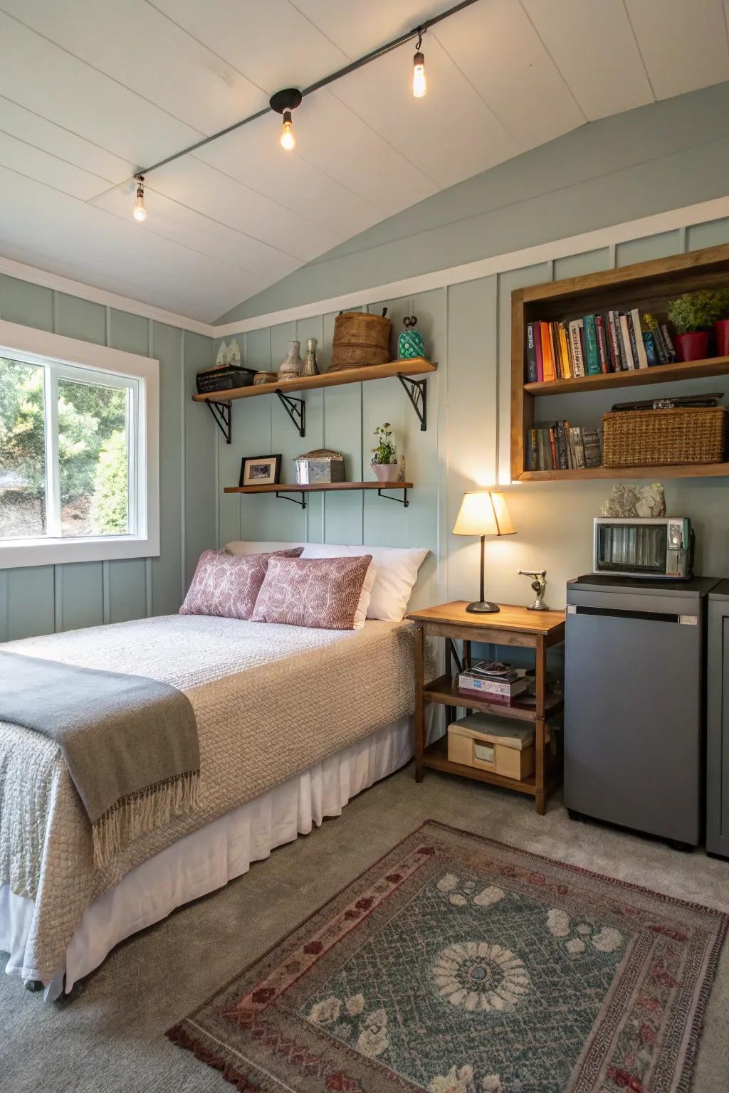 A garage transformed into cozy guest quarters.