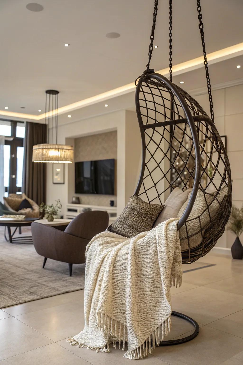 A hanging chair contributes a playful and unique element to your living room.