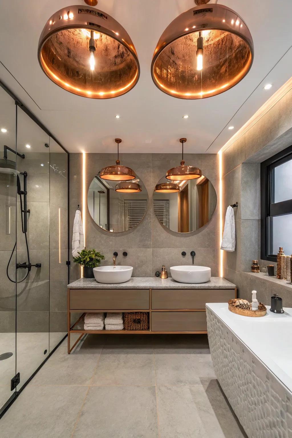 Metal overhead lighting injects an unexpected and fashionable element.