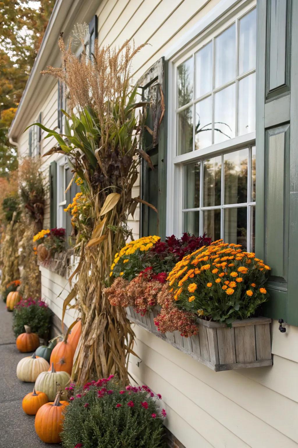 Upgrade your home's facade with corn stalks in window boxes.