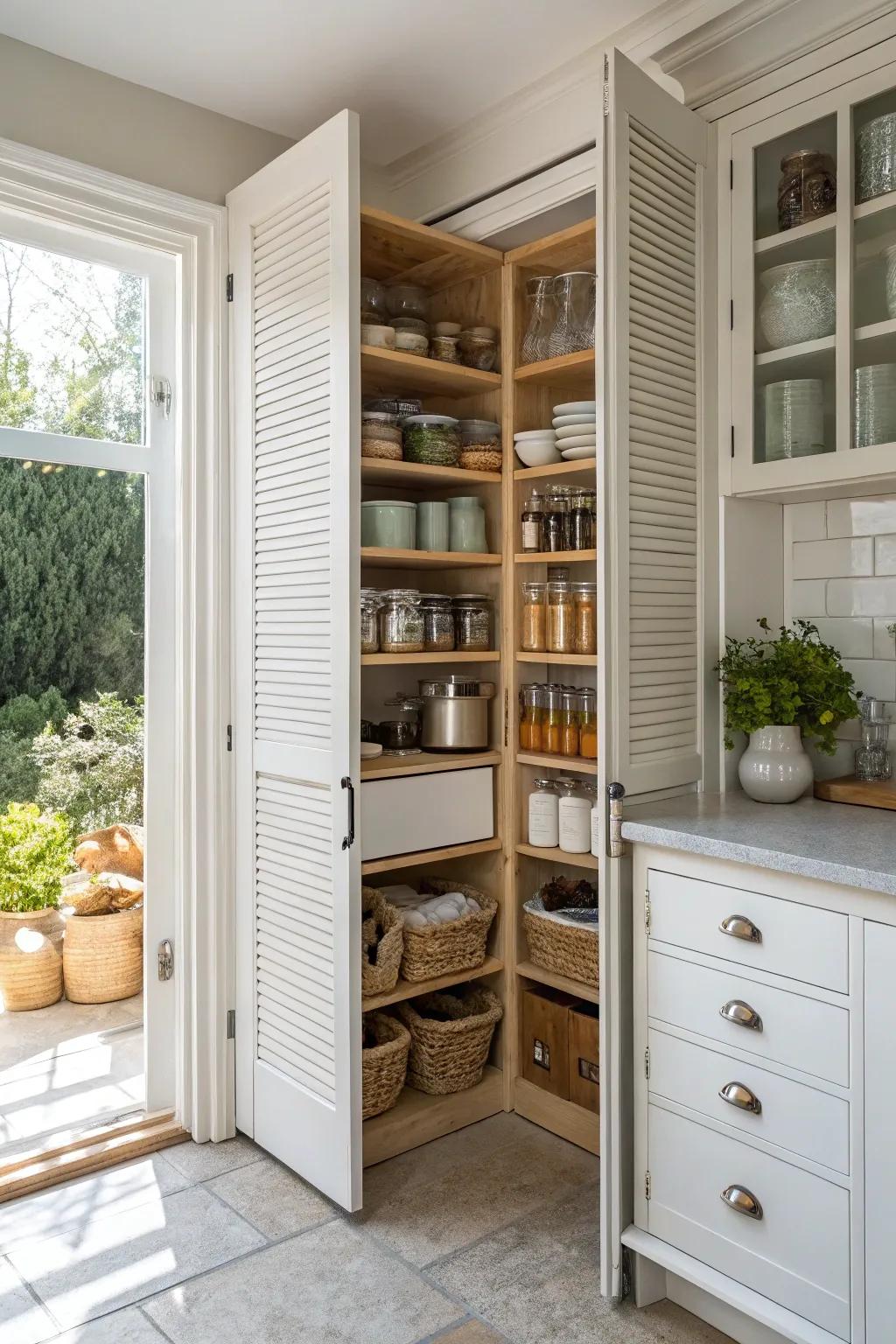 Accordion doors add convenience and flair to kitchen corners.