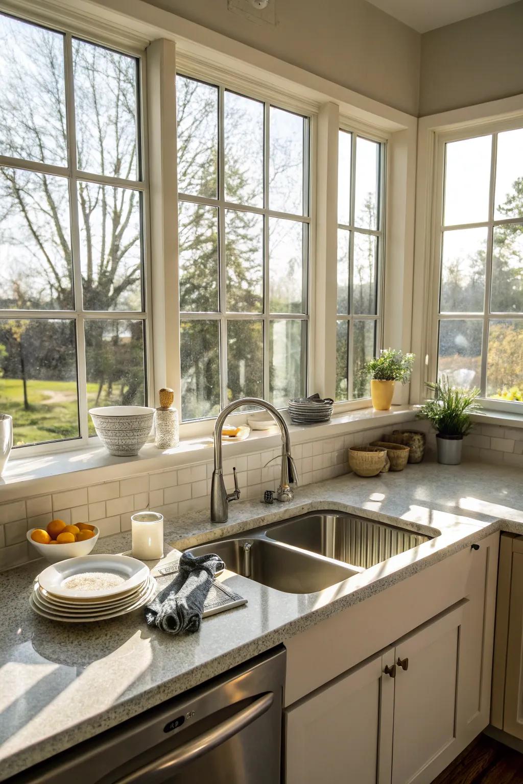 A corner sink next to windows, flooding the kitchen with light.