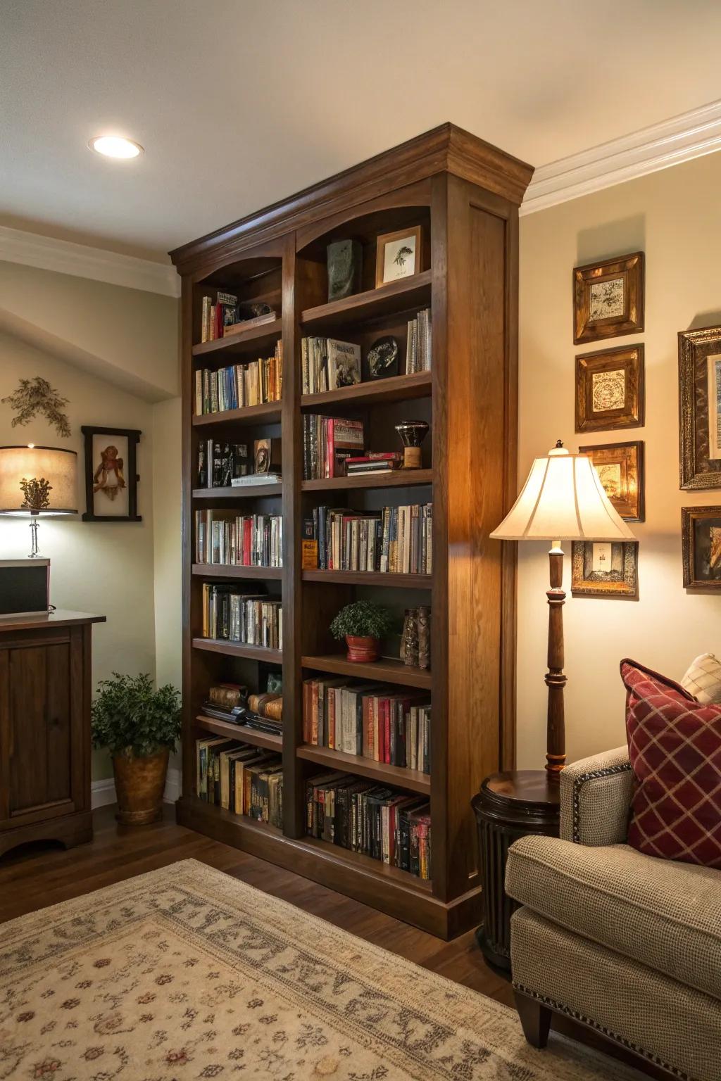 A tall bookshelf maximizes the corner's vertical space for storage and display.