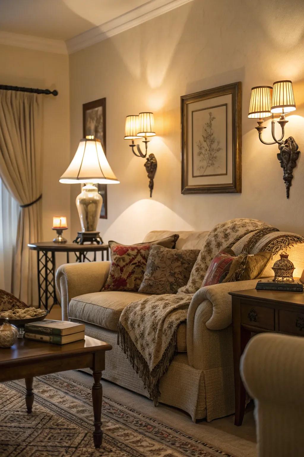 Gentle lighting accentuates the snug ambiance of the living room.