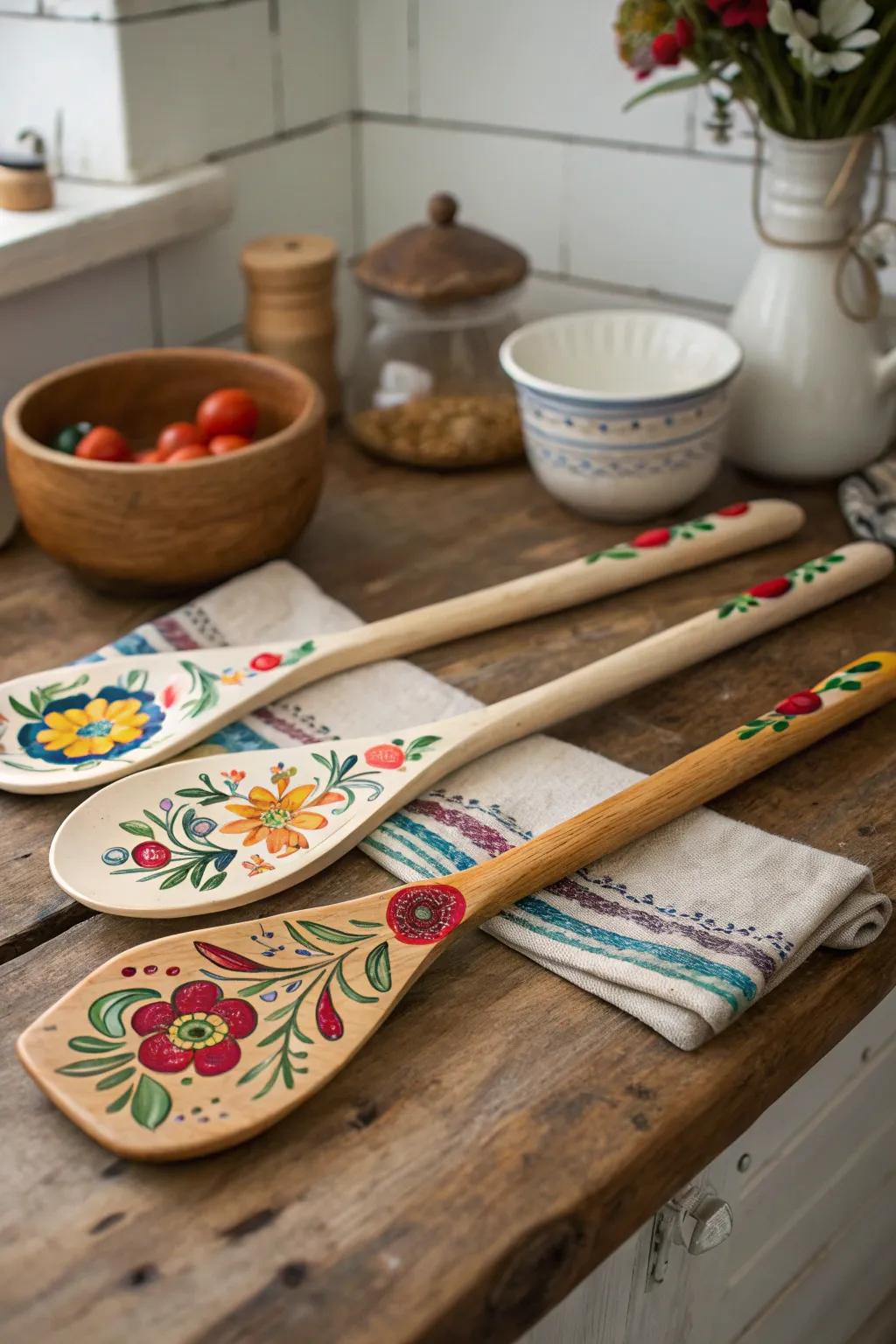 Painted woodland kitchen spoons add a touch of artistry to cooking.