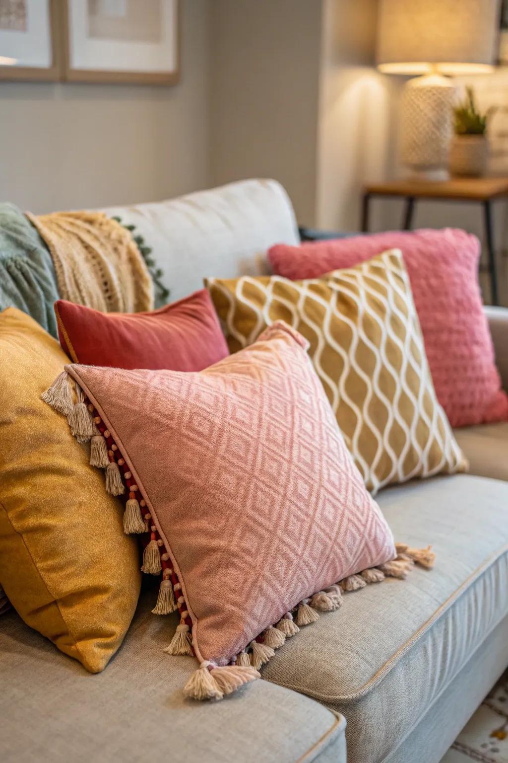 A cozy corner invites relaxation with layered pillows.
