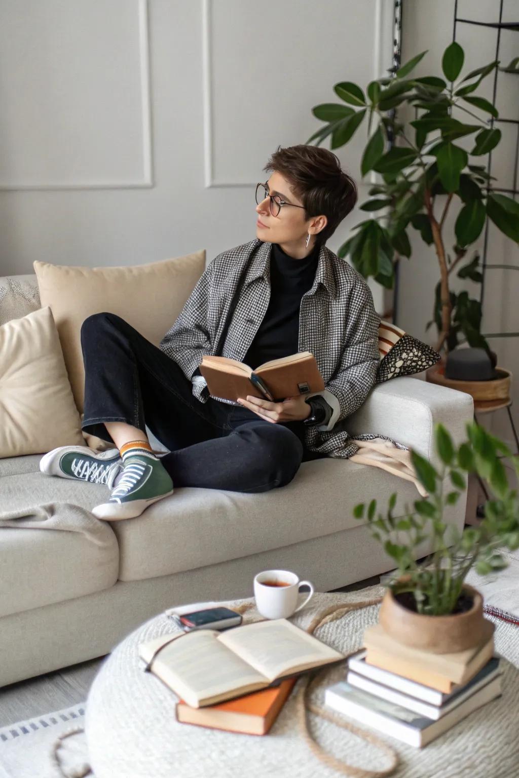 Cross-legged relaxation highlights personal style and comfort.