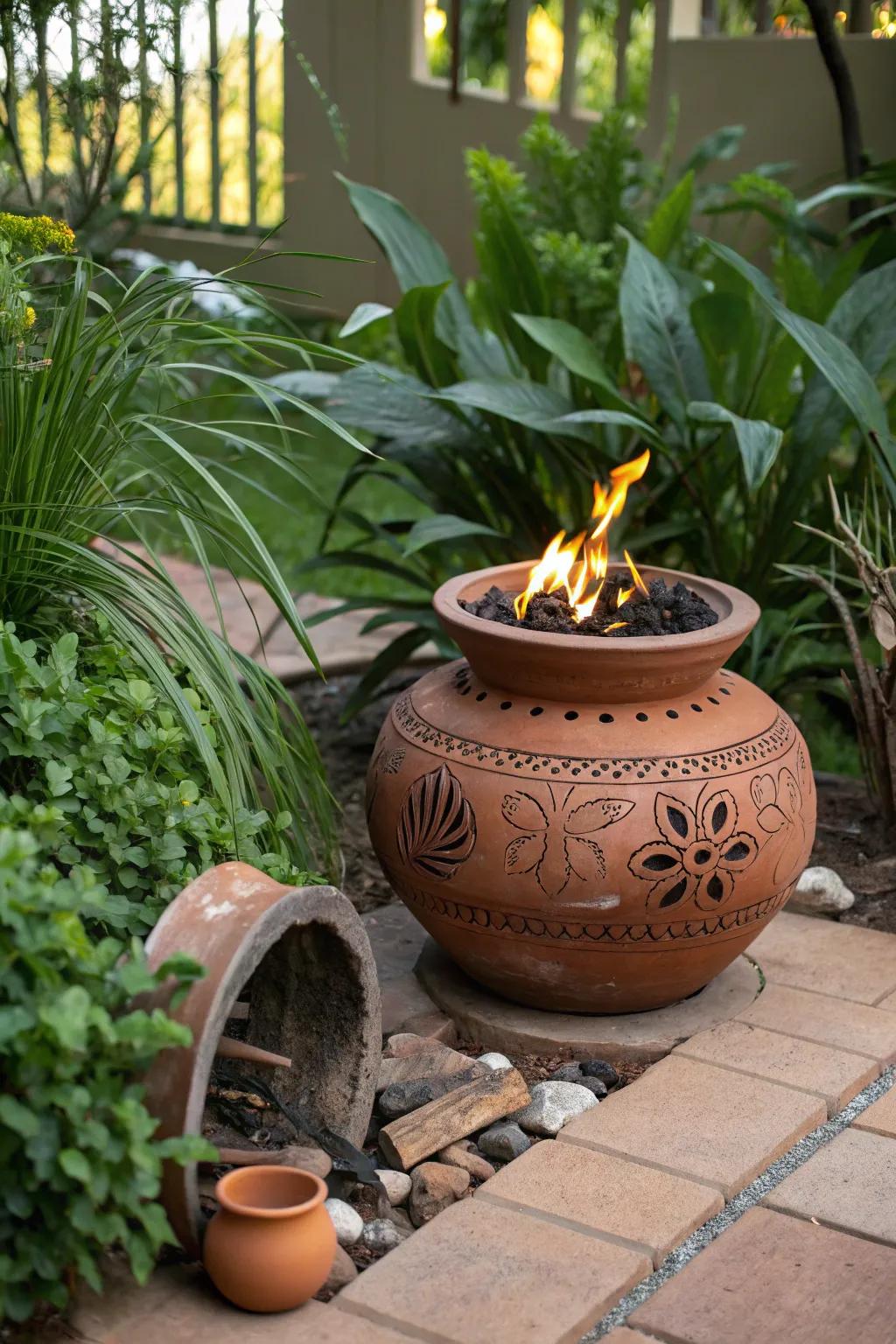 An earthenware fire pit exudes countryside charm and warmth.