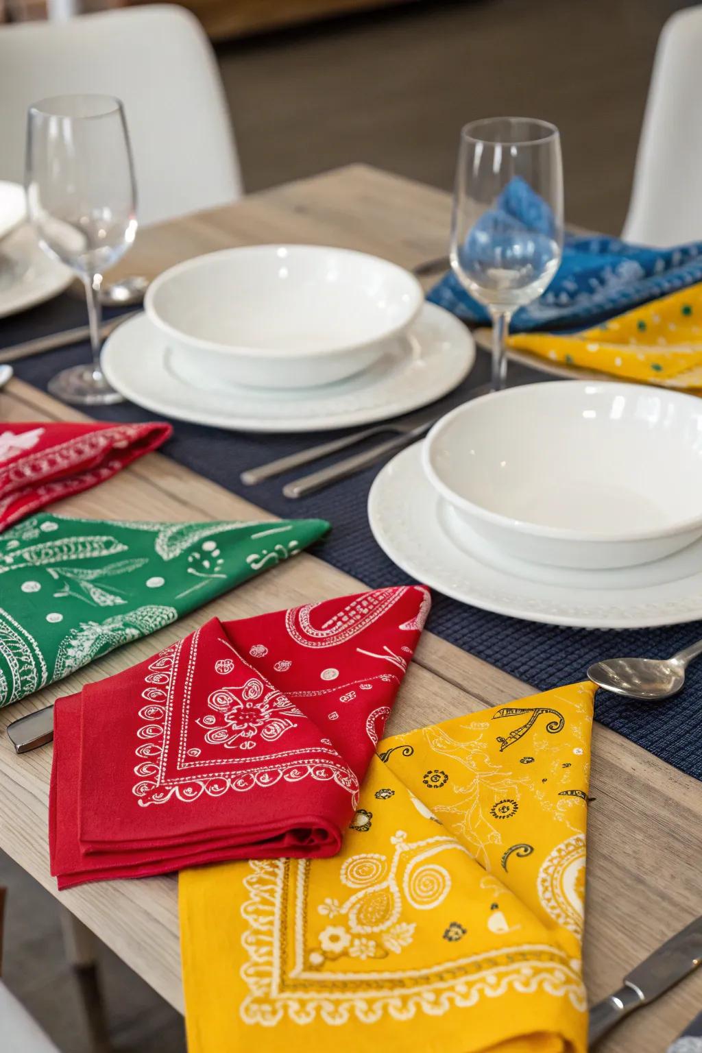 Bandana napkins introduce a vibrant and spirited touch.