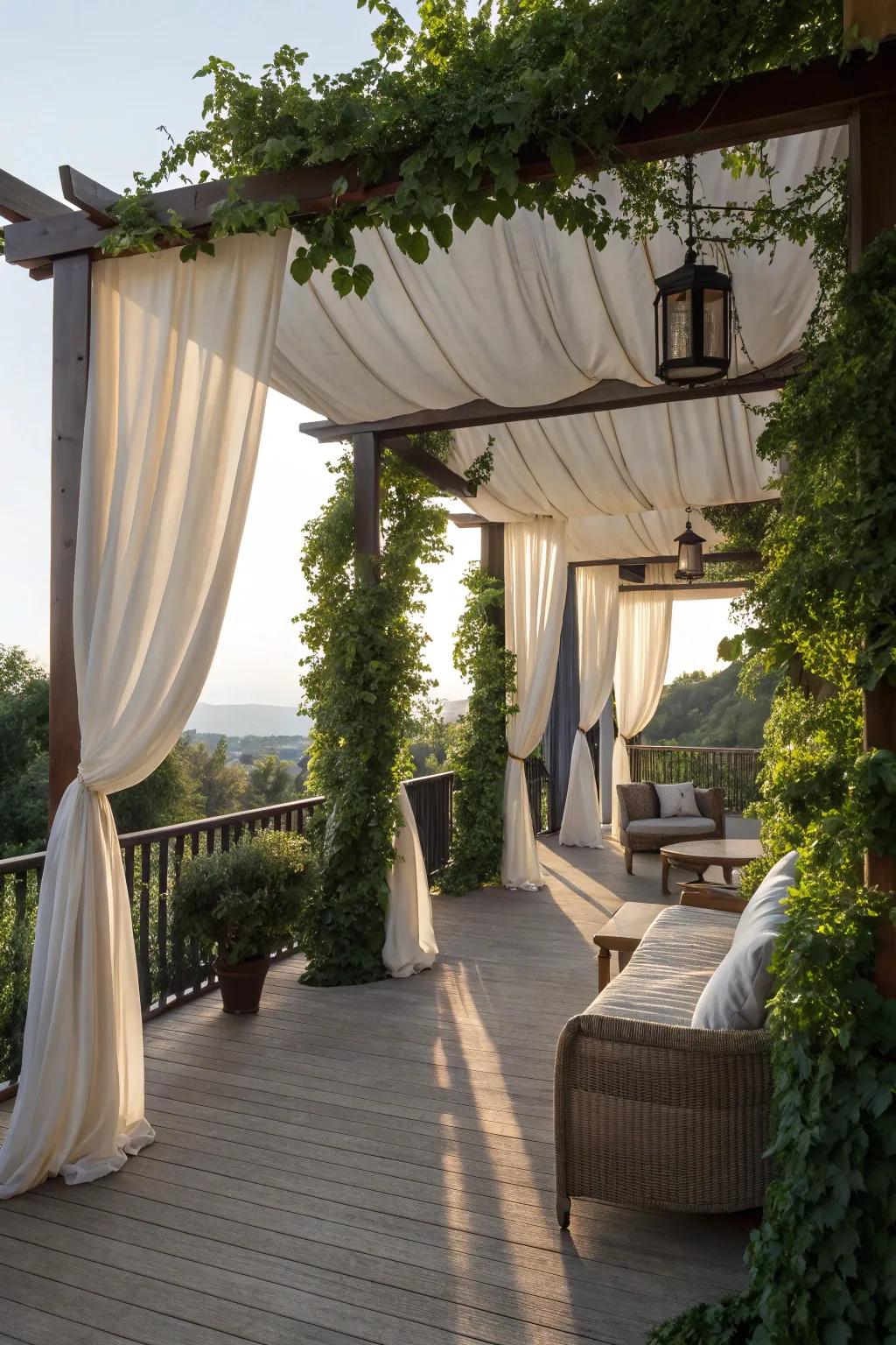 A sentimental textile-draped pergola deck for tranquil moments.