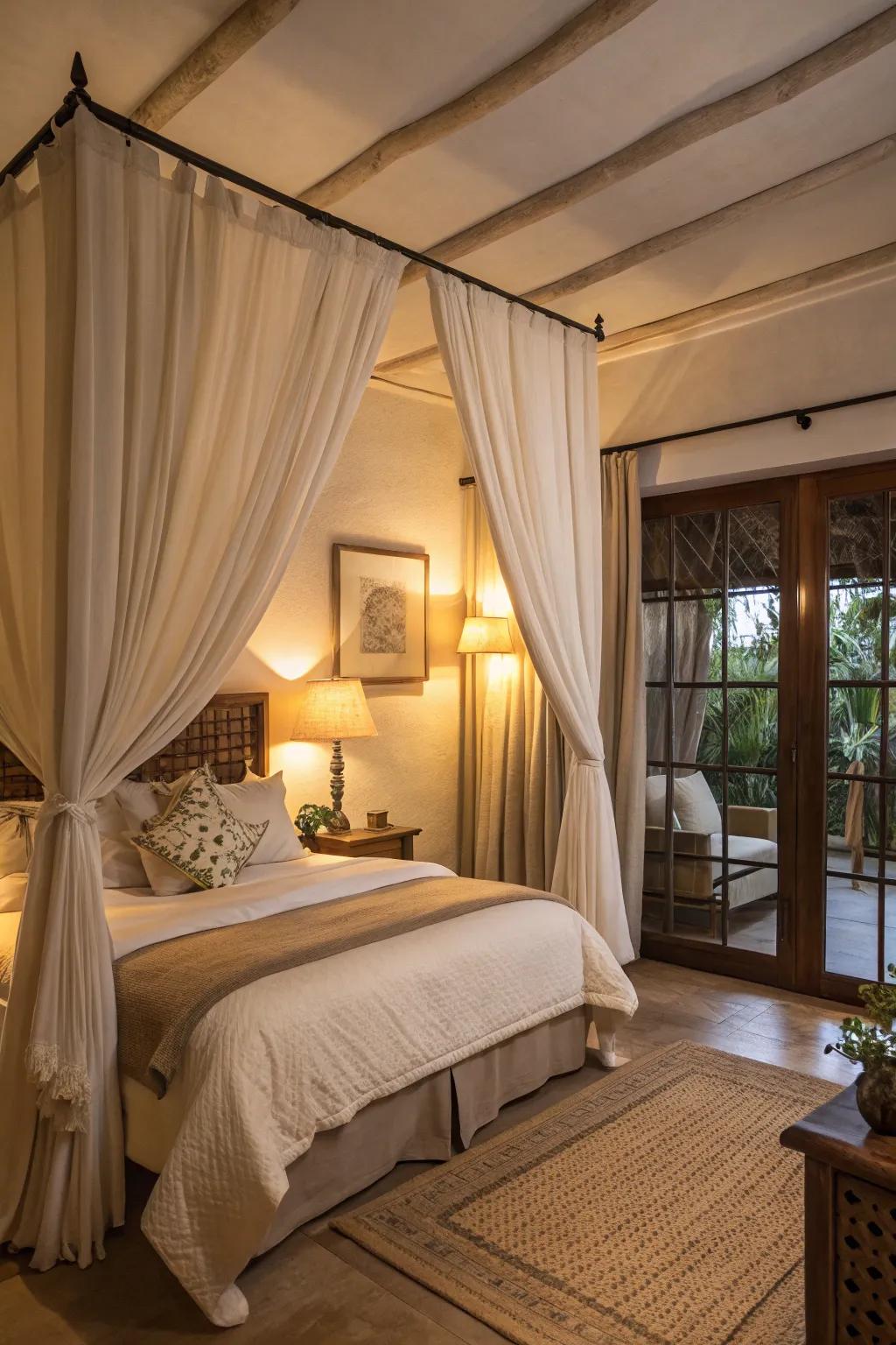 A bedroom with soft hessian curtains crafting a soft and snug atmosphere.