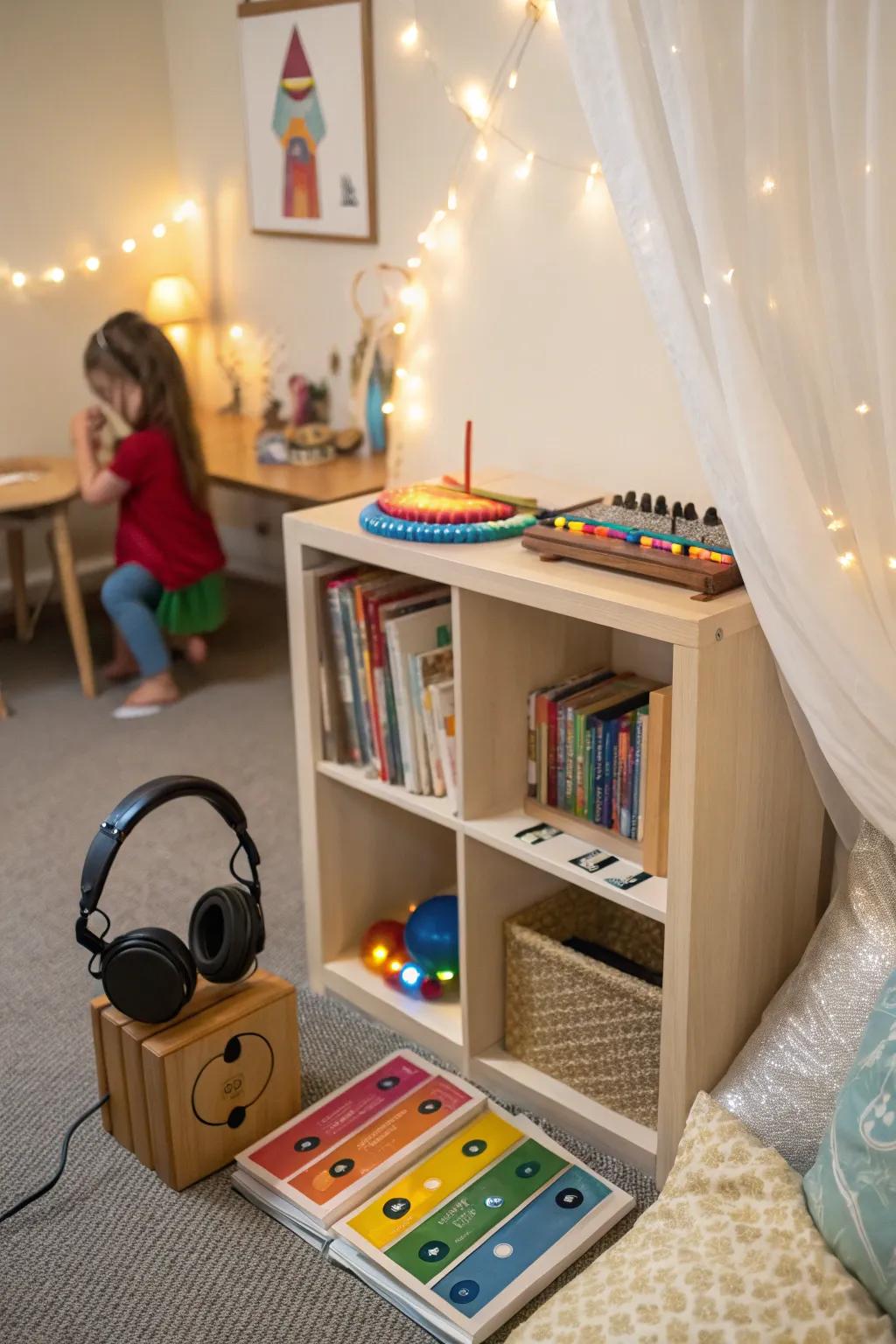 A music area adds a calming auditory layer to the cozy corner.