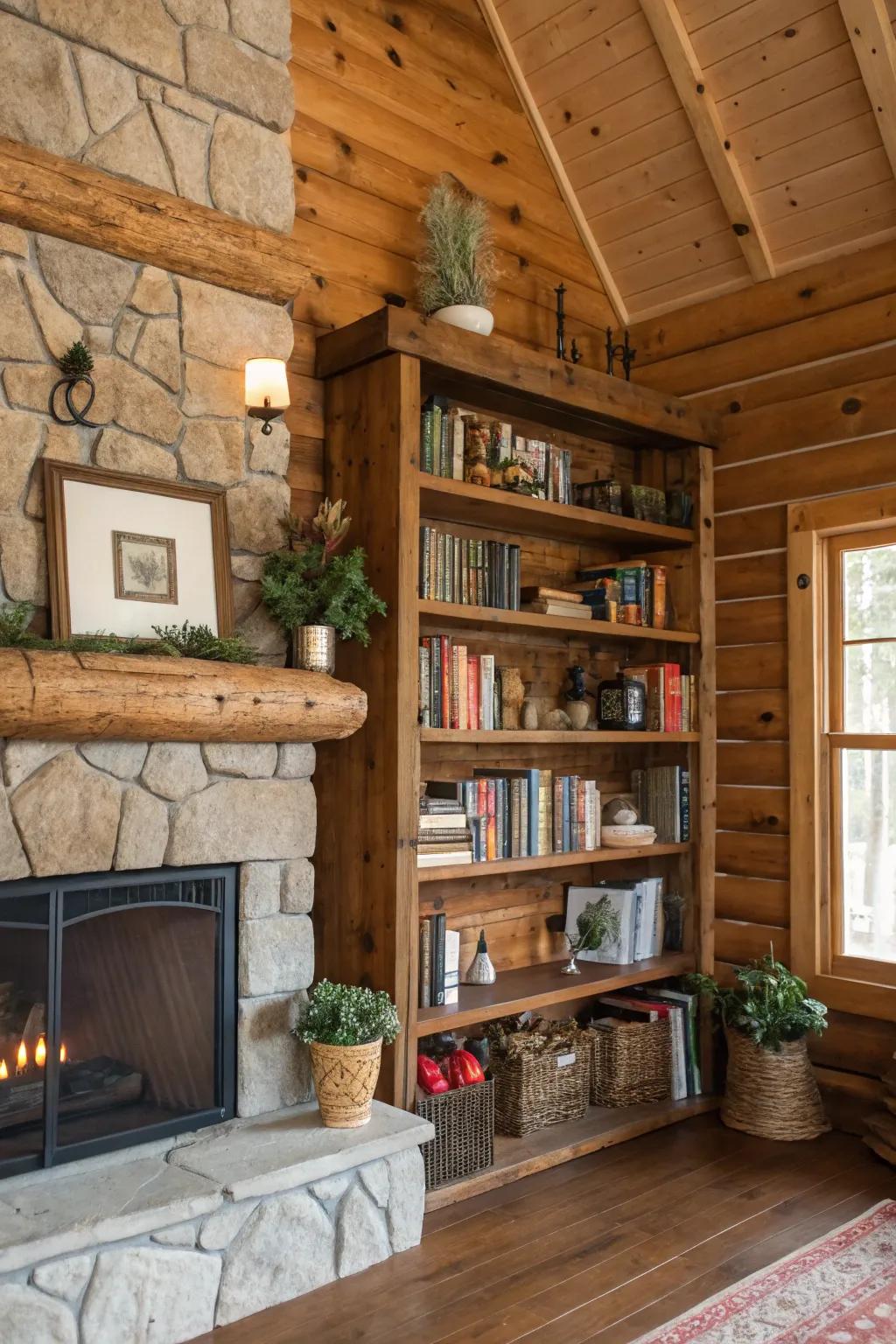 Repurposed wood shelving adds character and function to the cabin.