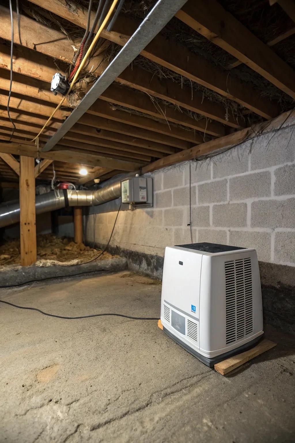 A dehumidifier ensures your crawl space stays dry and mold-free.