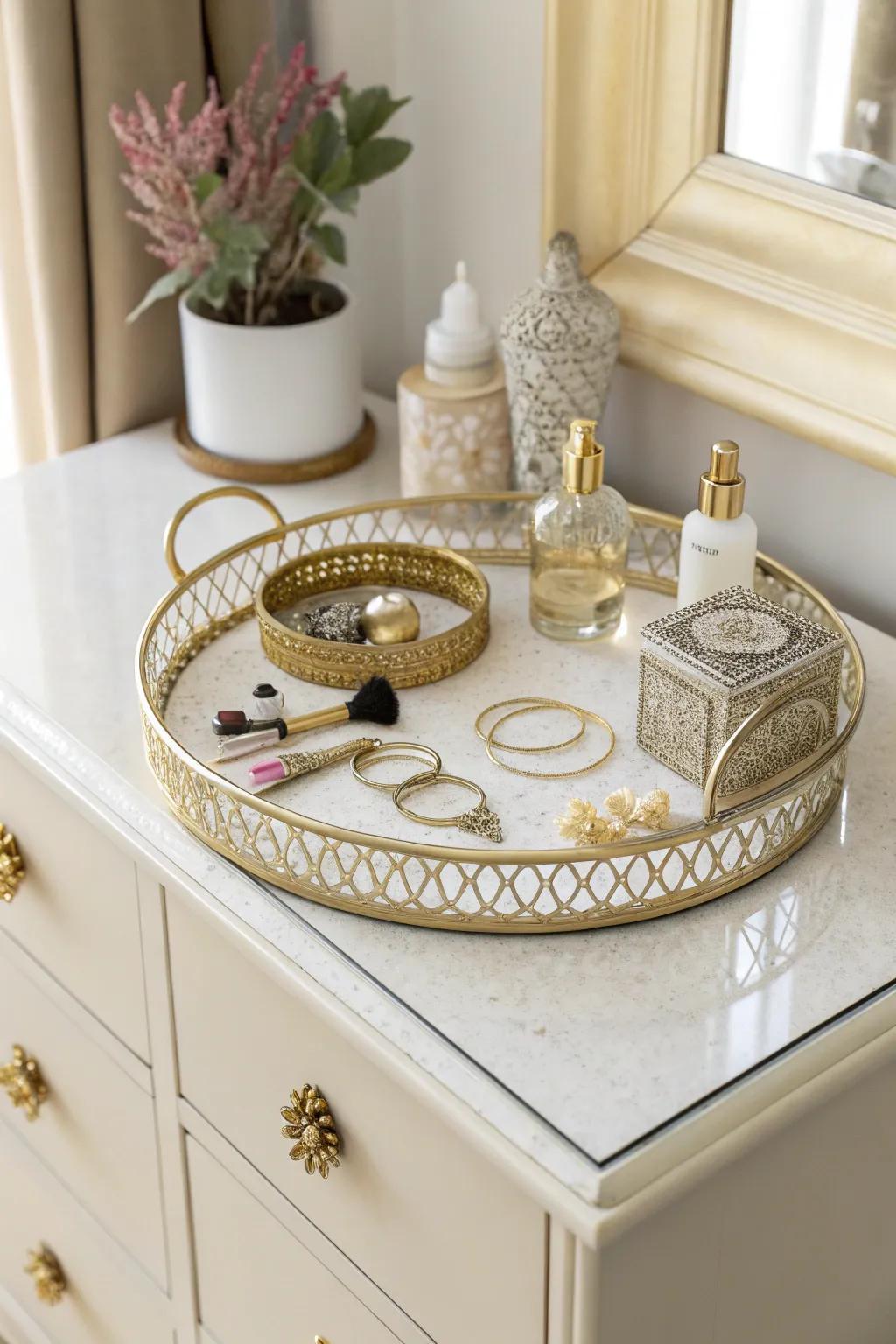 Decorative trays infuse elegance and functionality into bedroom surfaces.