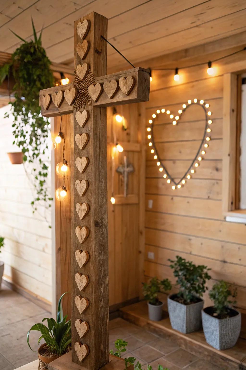 Cross adorned with timbered hearts