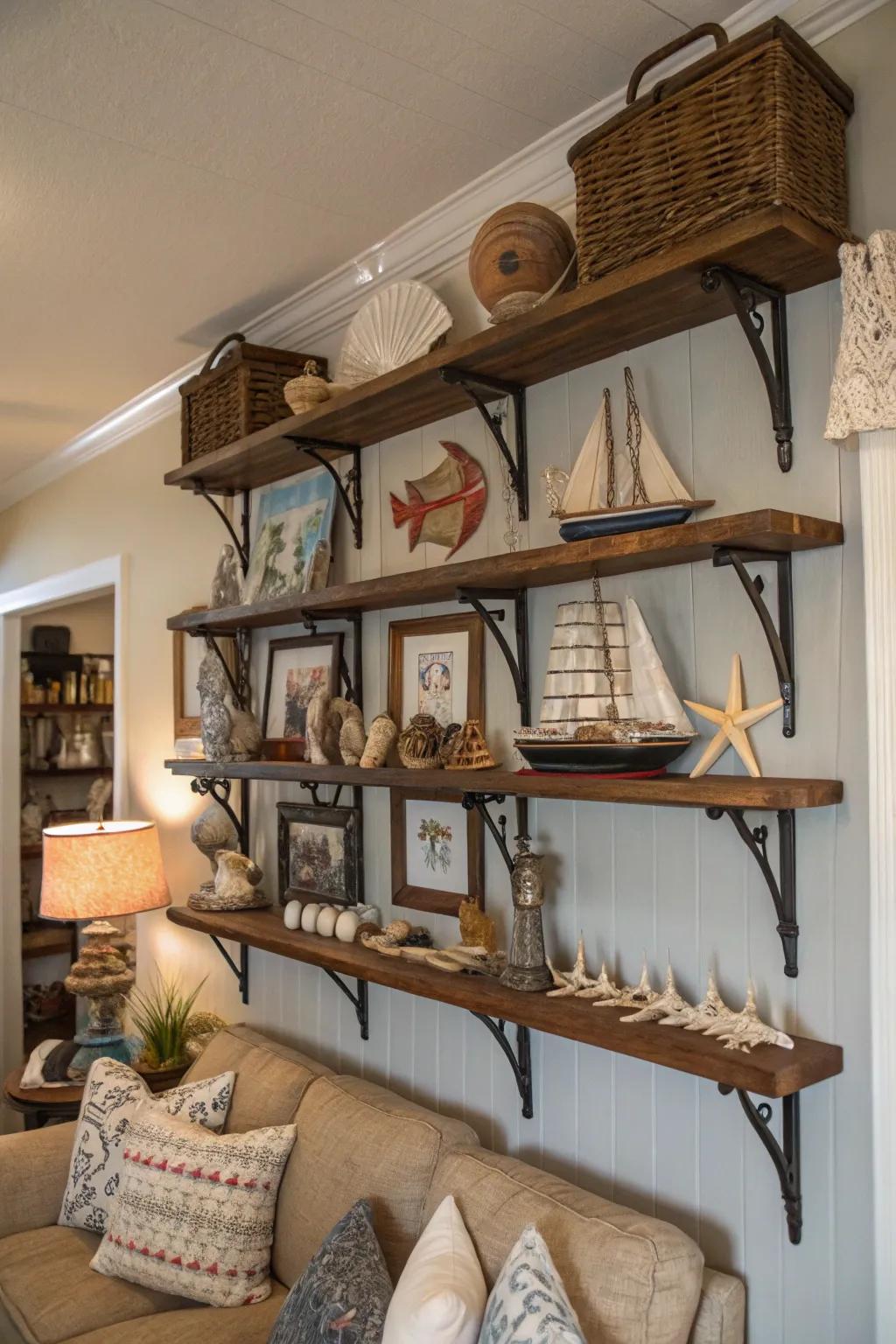 Shelves that elegantly display yacht-like collectibles.