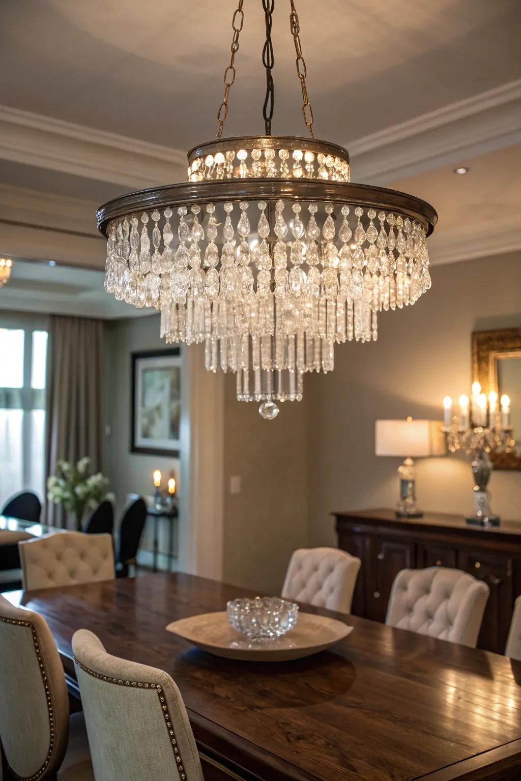 A candelabra enhanced with dangling quartz crystals for added radiance.