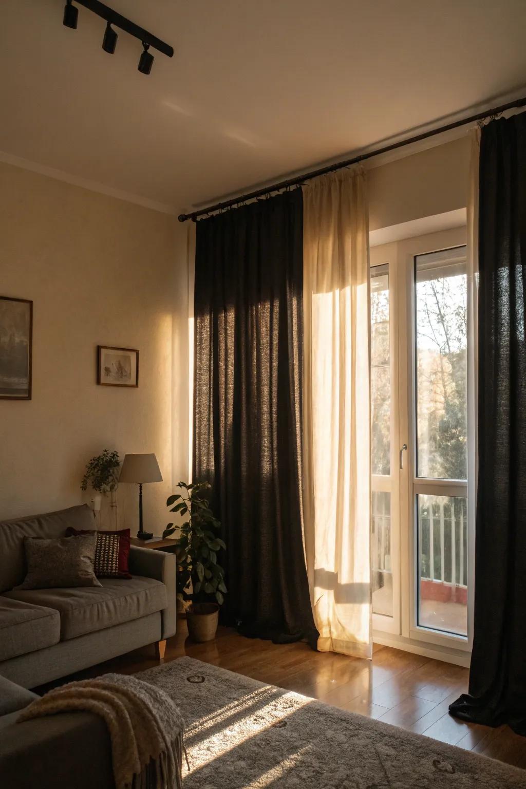 Dark-toned curtains provide a dramatic contrast.