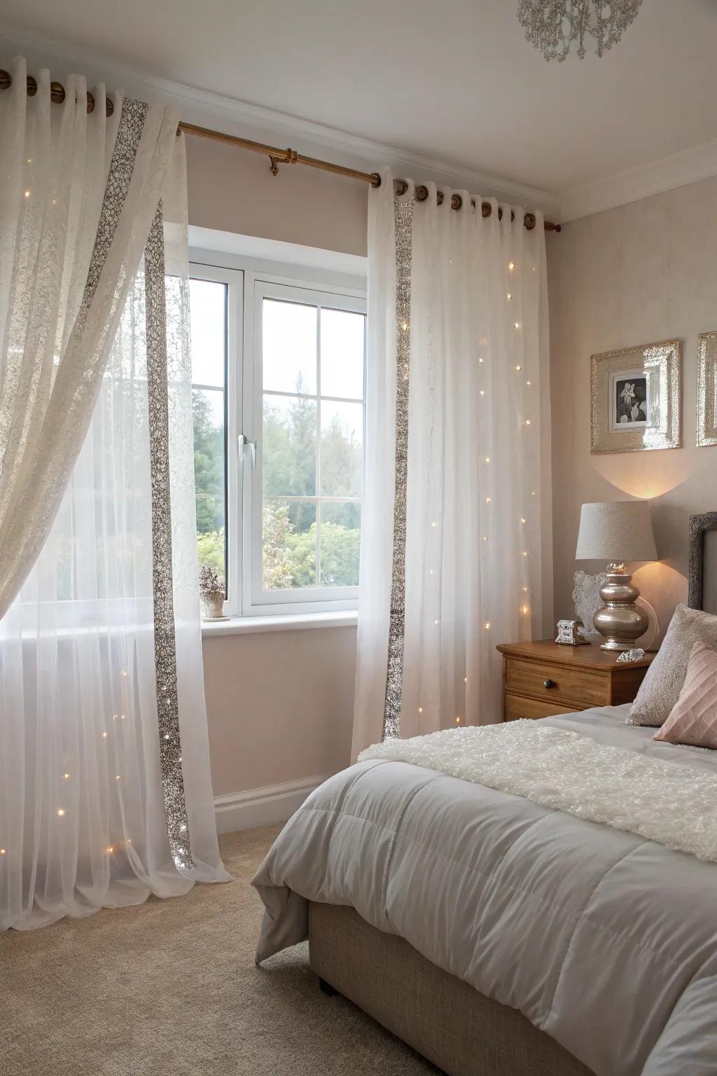 Glamorous sheer drapes with sequin perimeter.