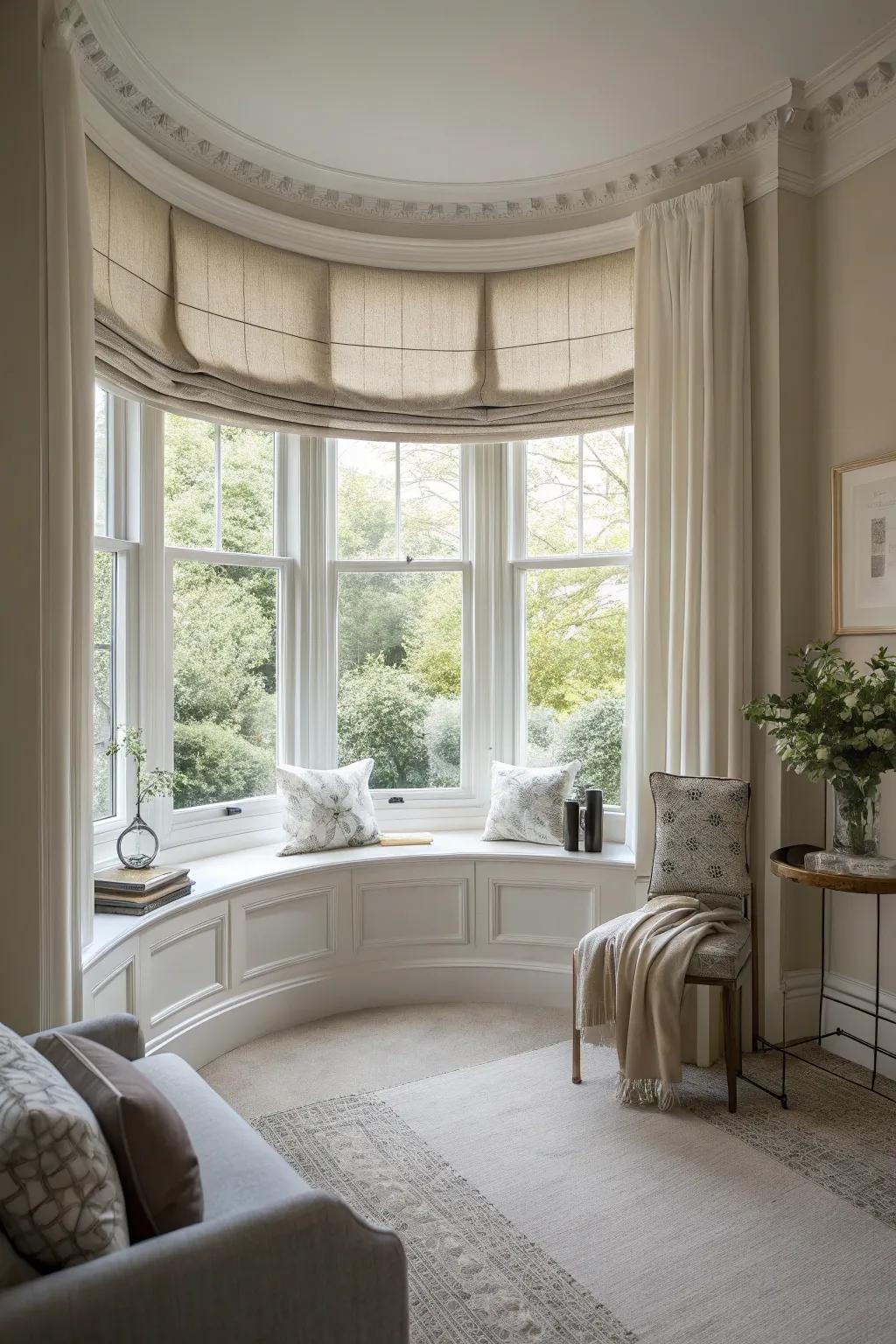 A minimalist and refined curved bay window setup.