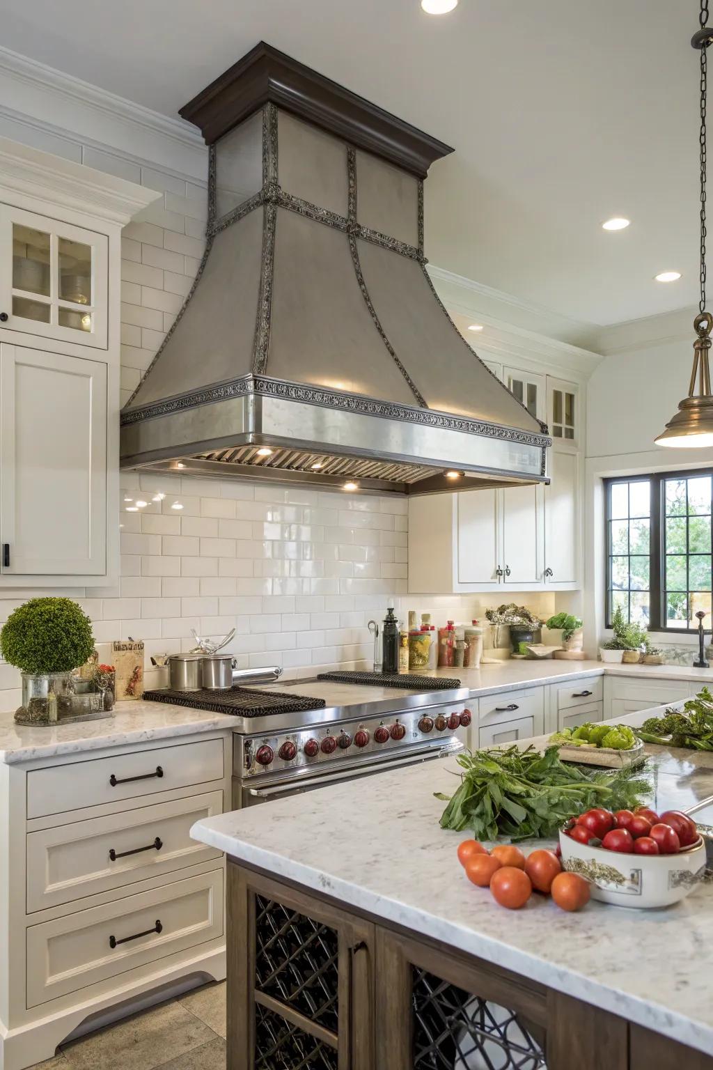 Iron trim embellishments bring a sensation of luxury to range hoods.