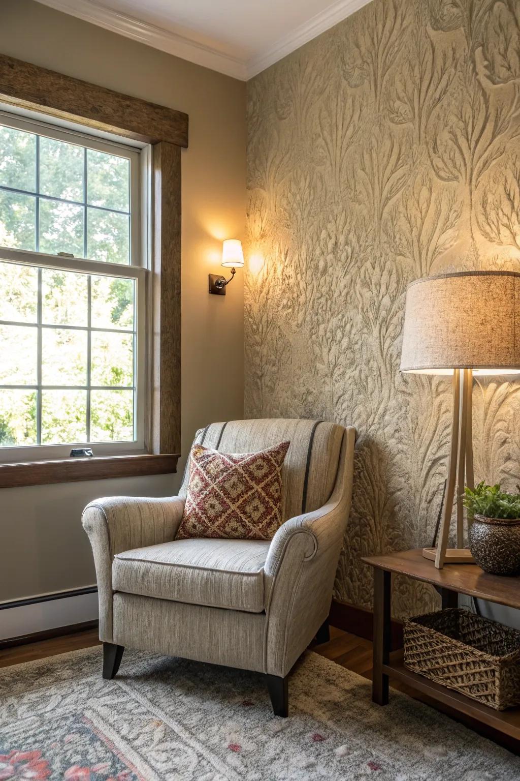 A textured wall and unique chair construct a welcoming nook.