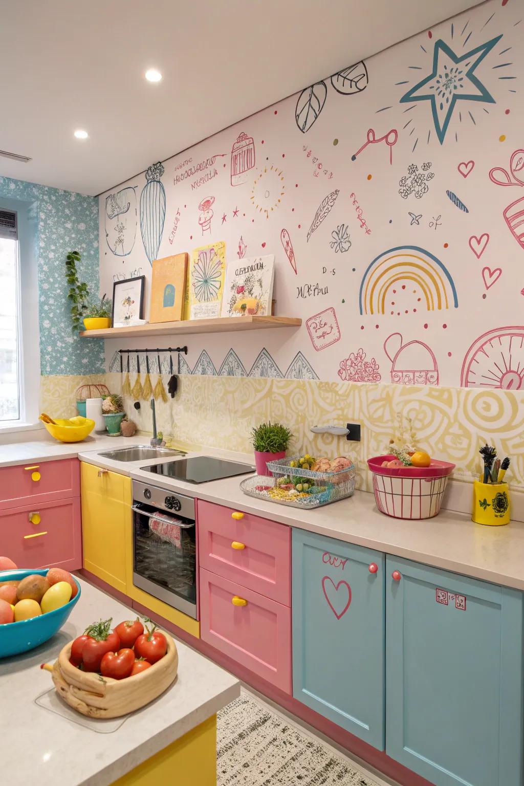 Fun doodles contribute a sense of happiness and spontaneity to the kitchen.
