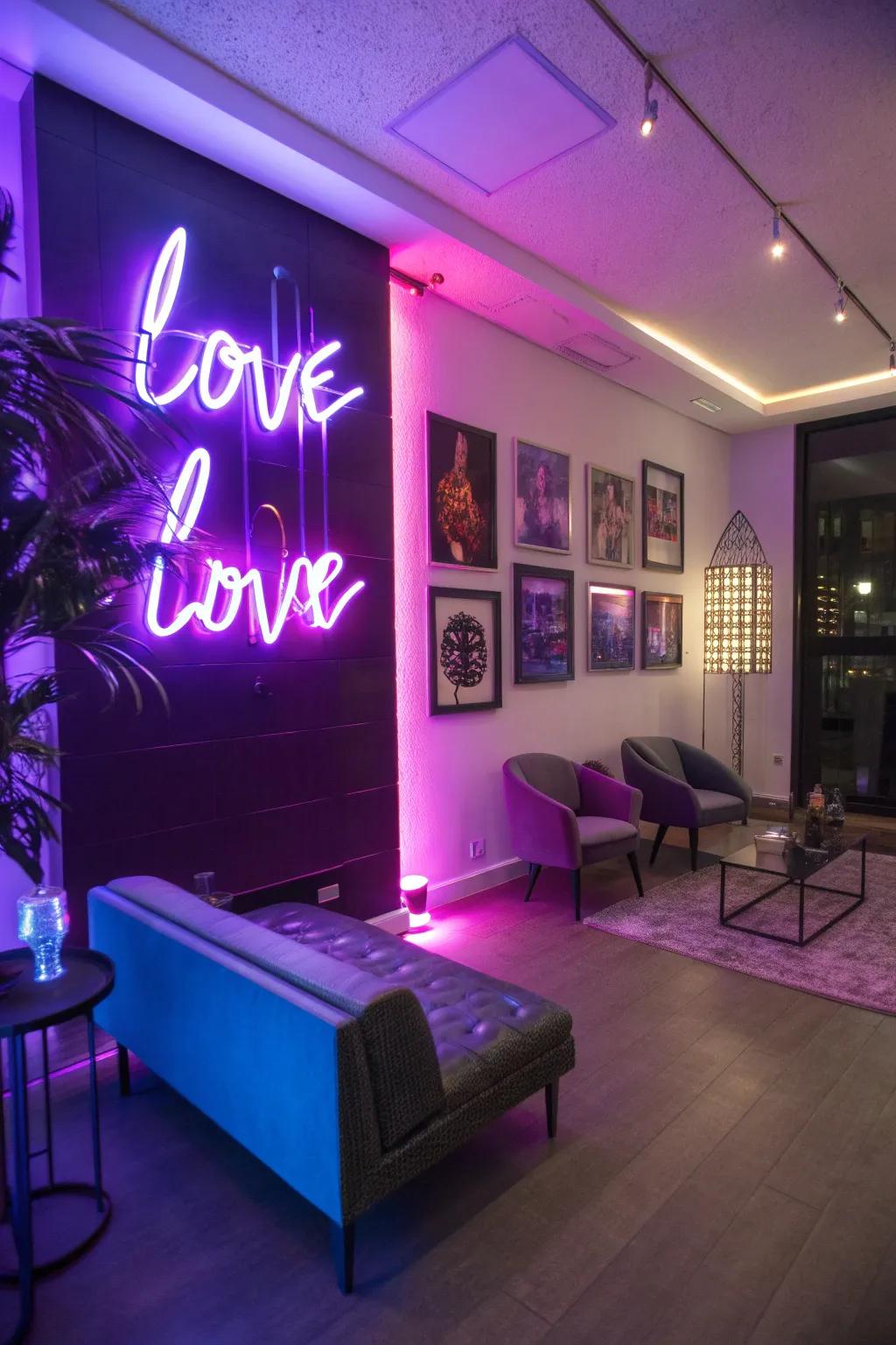 A purple neon sign adding a modern edge.