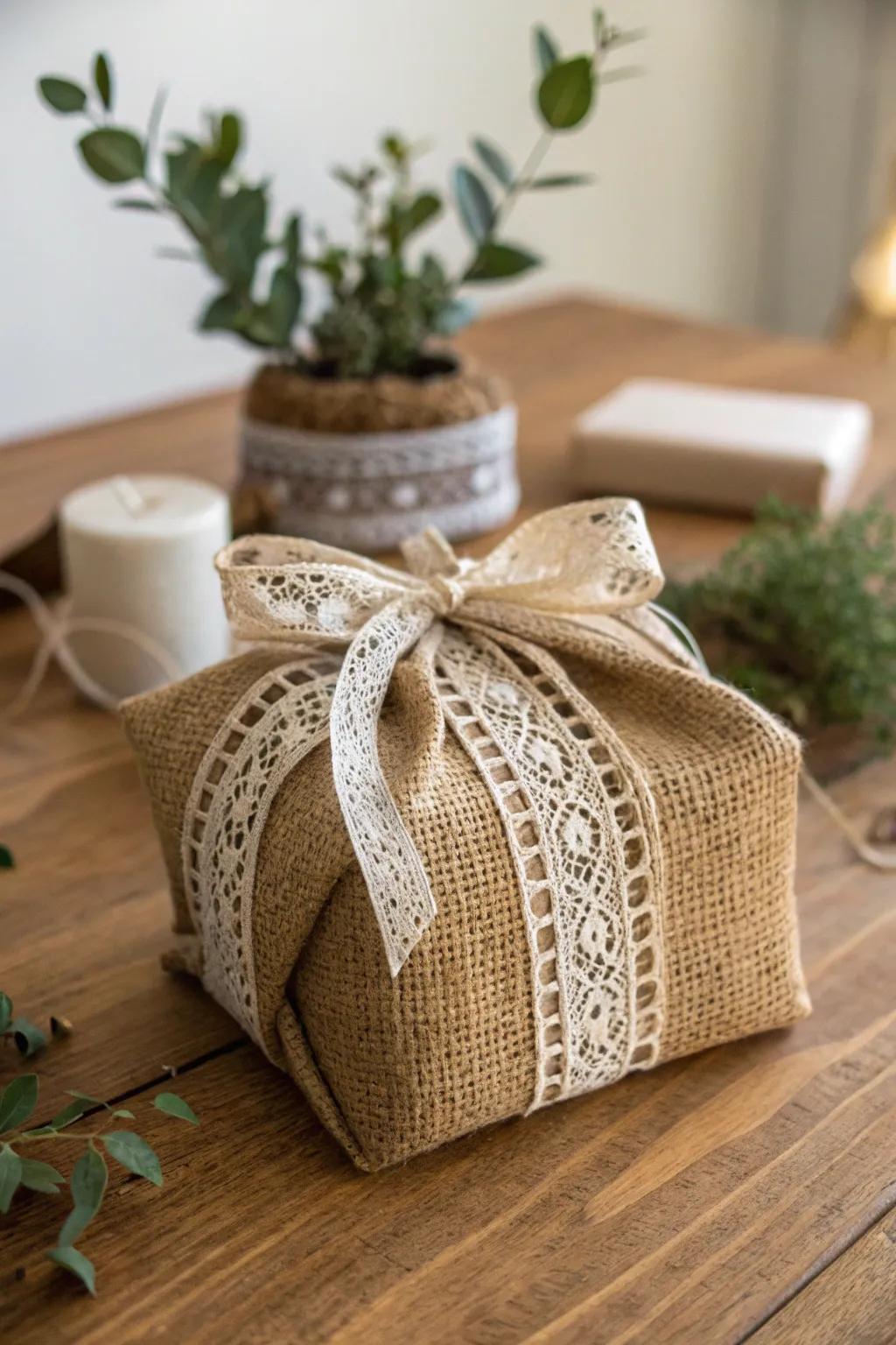 Elevate your gift wrapping with rustic burlap and delicate lace for a touch of natural elegance.