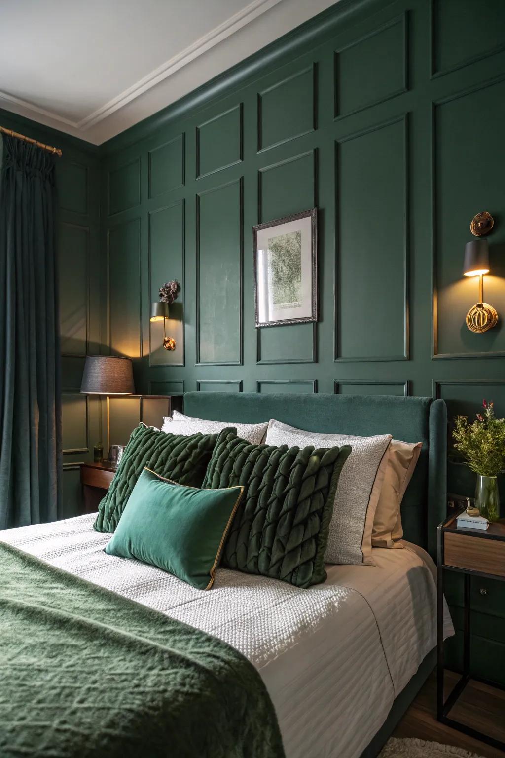 A shadowy jade bedroom with hunter verdant highlight cushions appending solace and design.