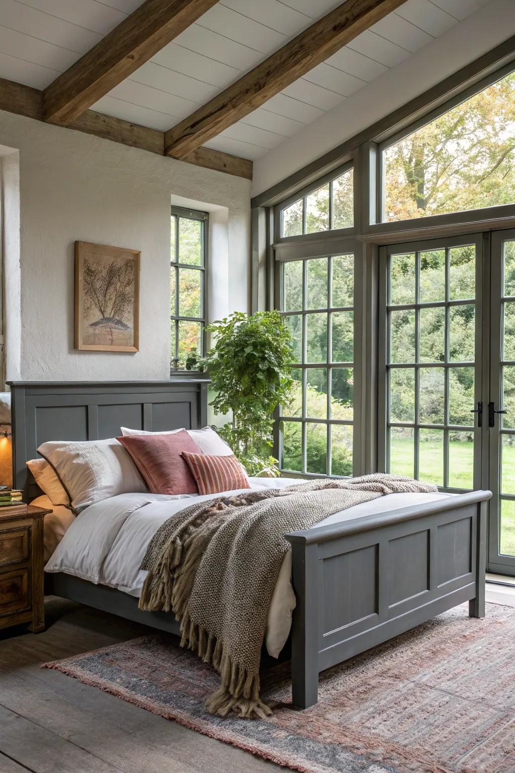 Inherent illumination enhances the beauty of a dark grey bed frame.