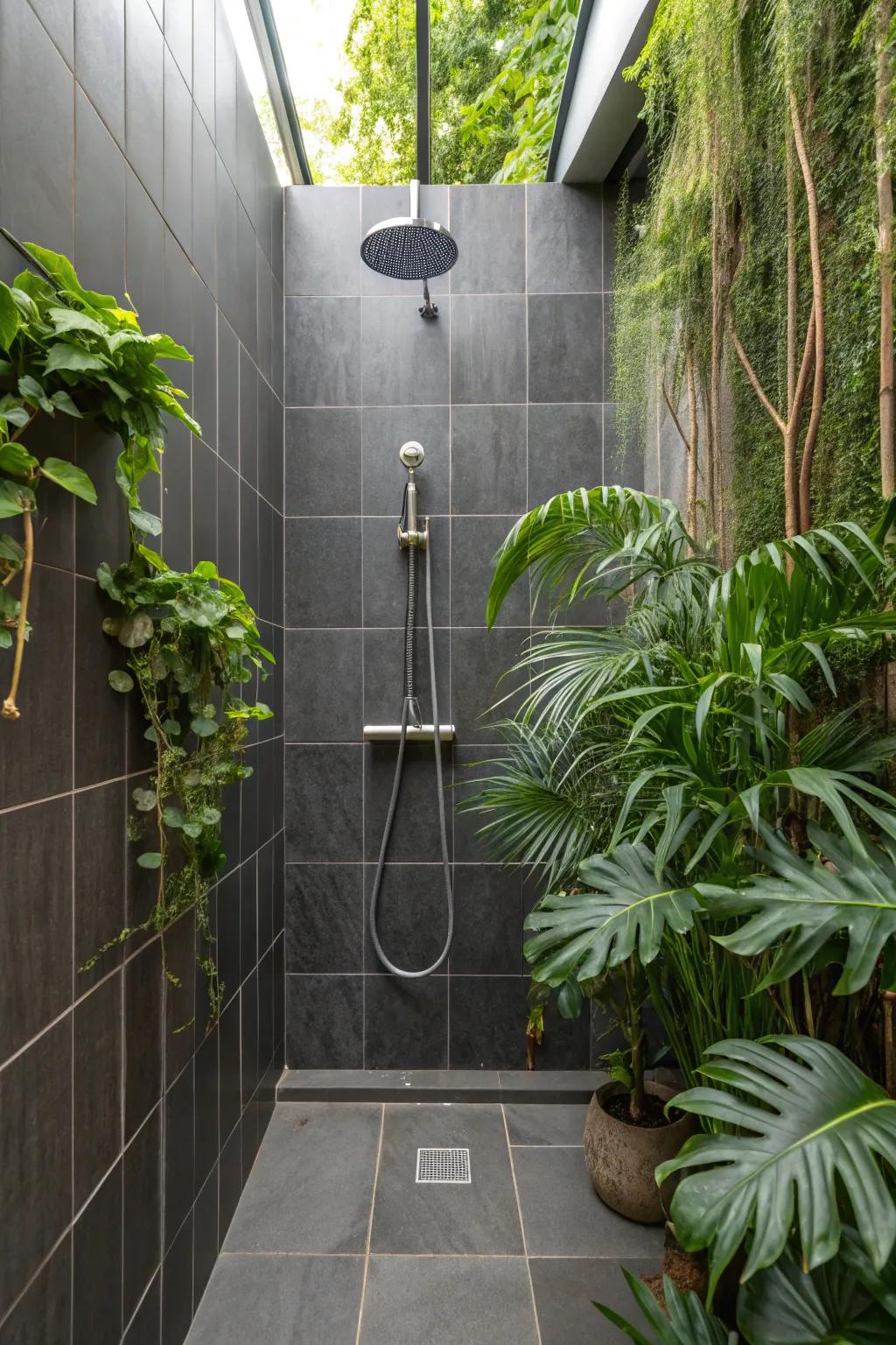 Plants contribute a revitalizing touch to the dark charcoal shower tiling.