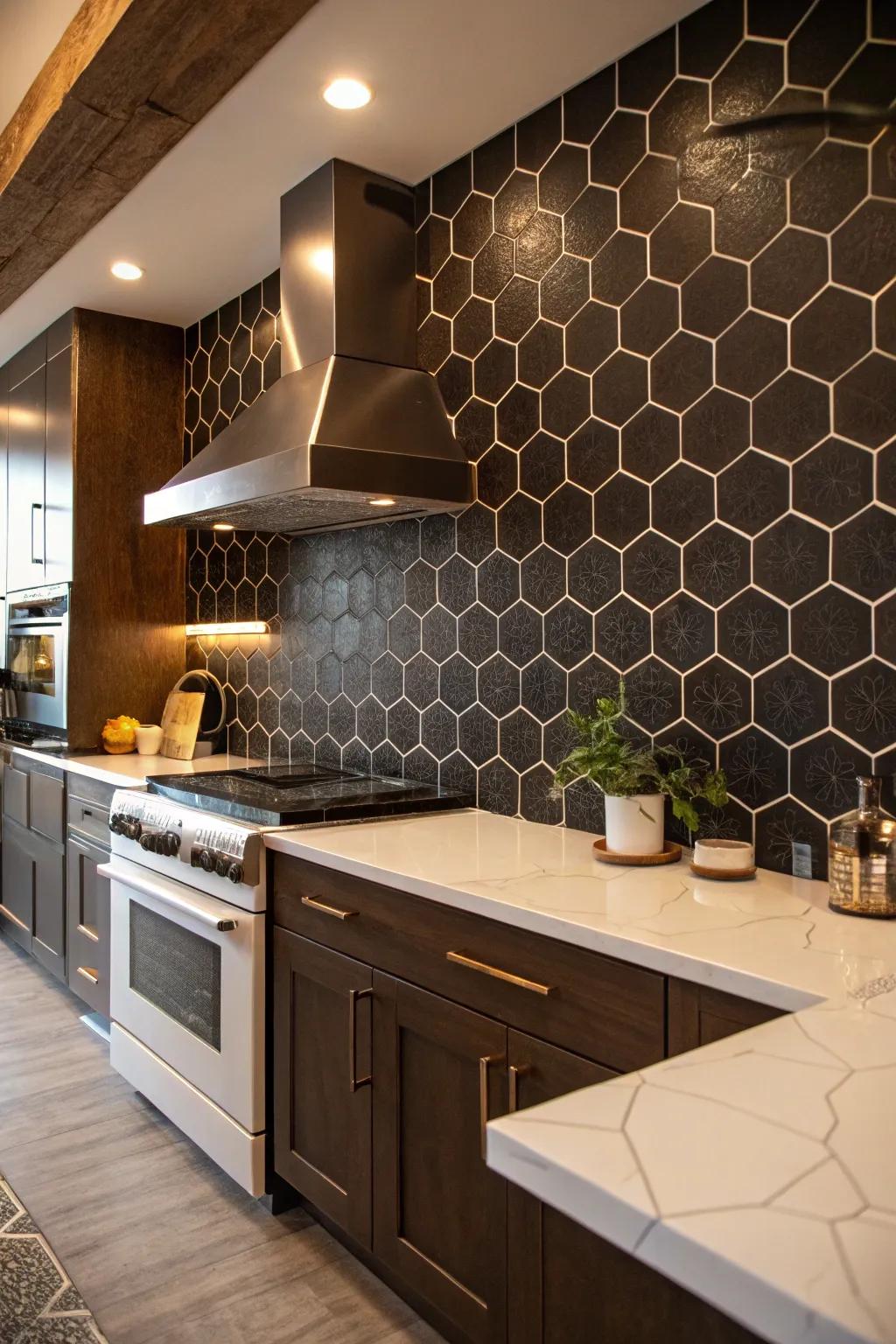 A kitchen tastefully styled with a dark six-sided block backsplash.