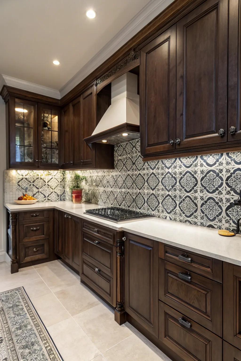 A bold, deep-patterned backsplash crafts a dramatic kitchen centerpiece.