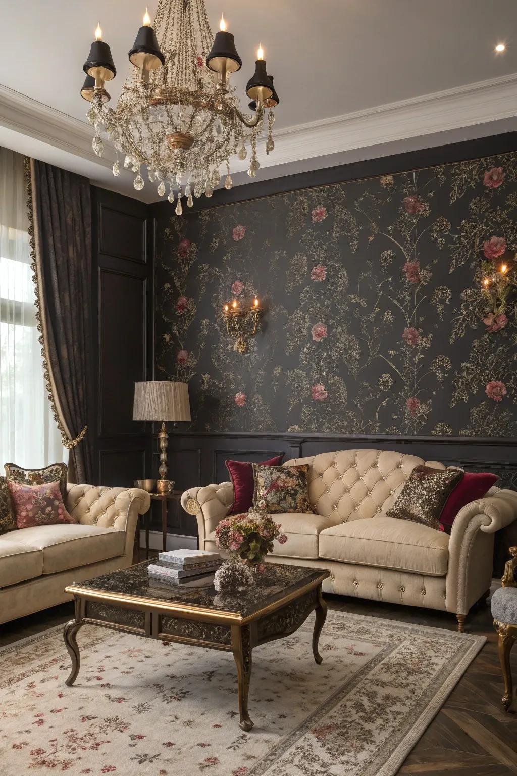 A dramatic living space featuring midnight garden-inspired floral wallcovering.