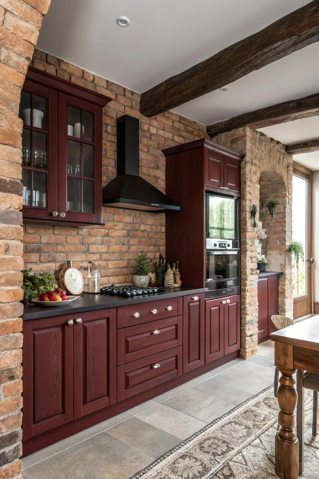 Traditional kitchen featuring dark red cabinets and brick accents.