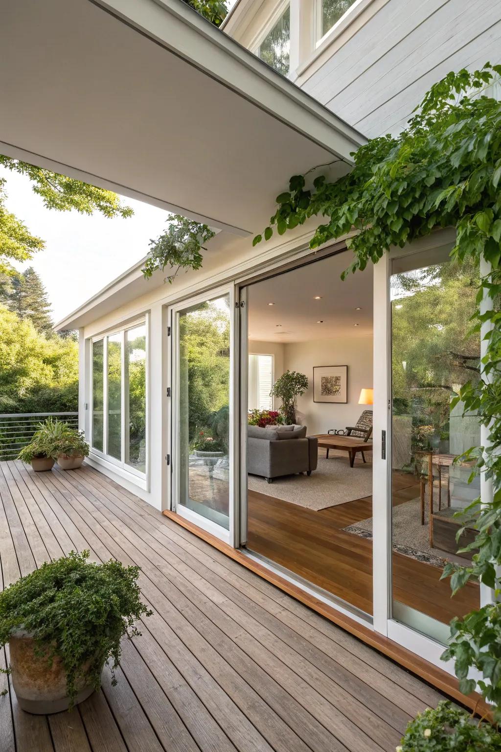 Moving glass panels create a seamless transition between indoors and outdoors.