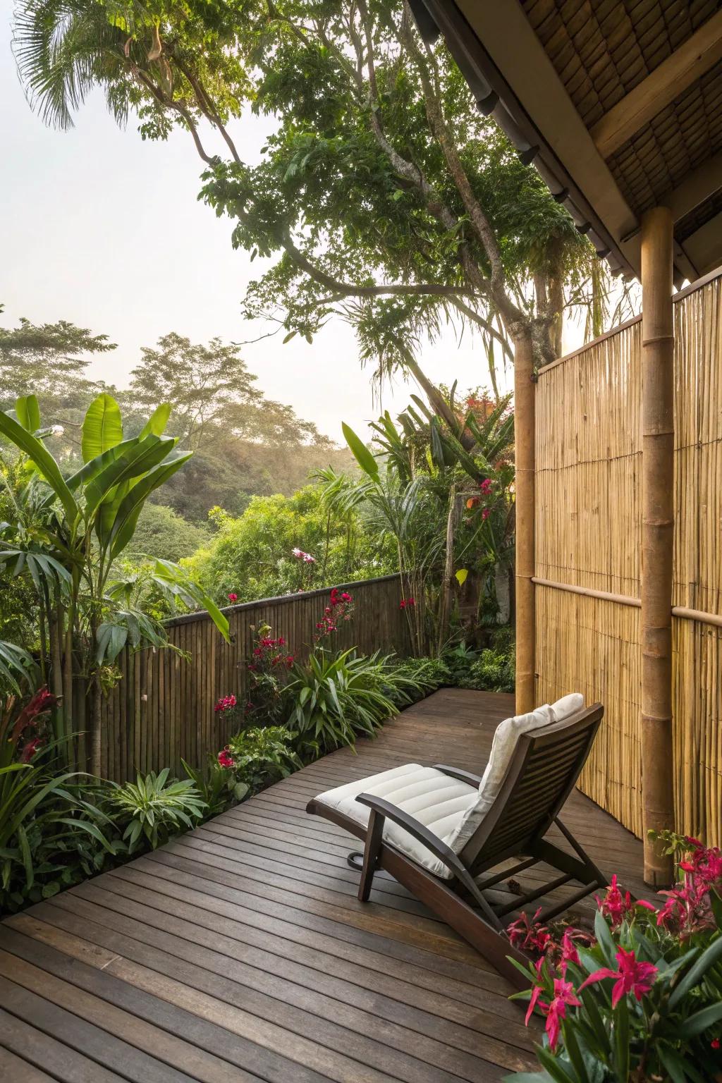 Bamboo privacy partitions proffer organic refinement and seclusion.