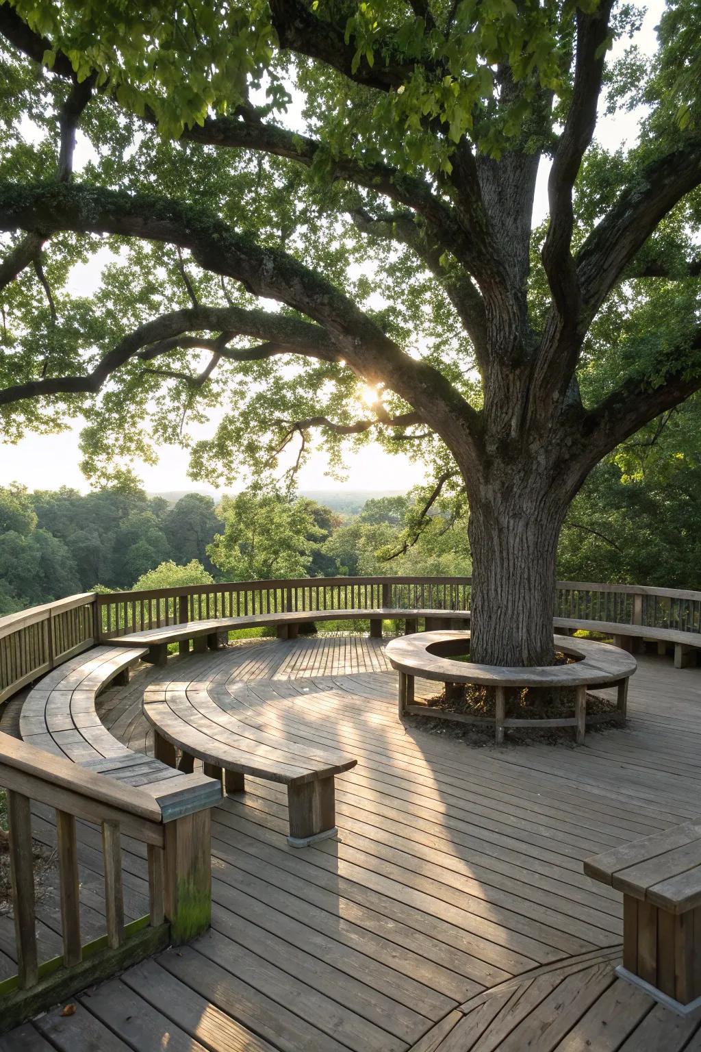 Circular benches around trees provide shade and an organic aesthetic.