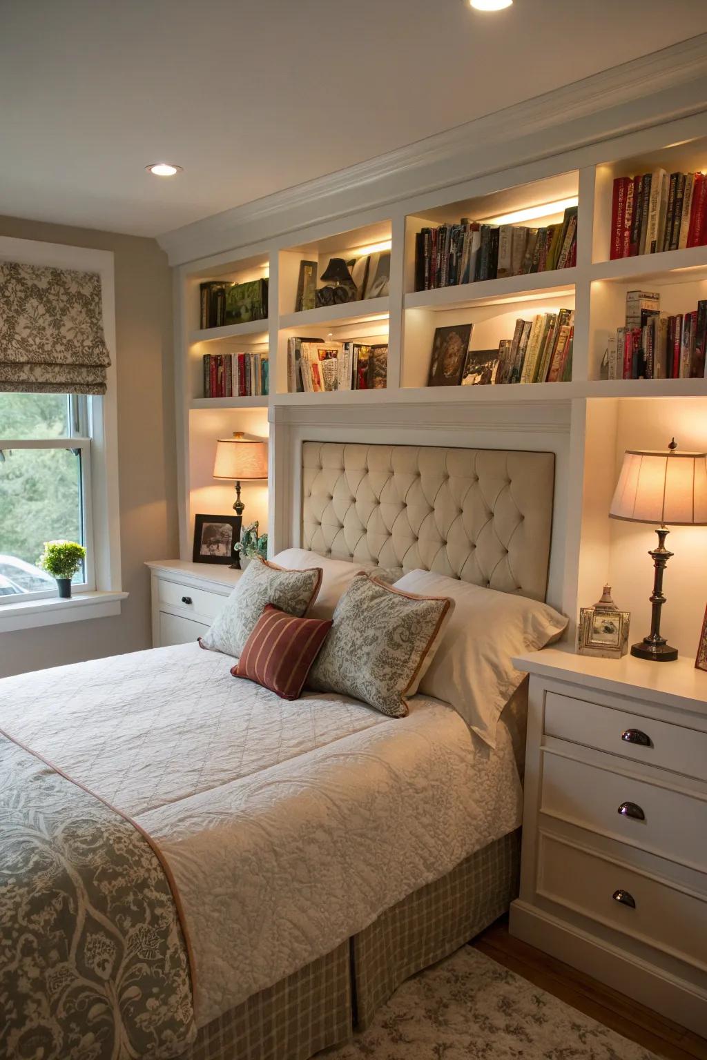 A tailor-made headboard with built-in elements brings style and utility together.