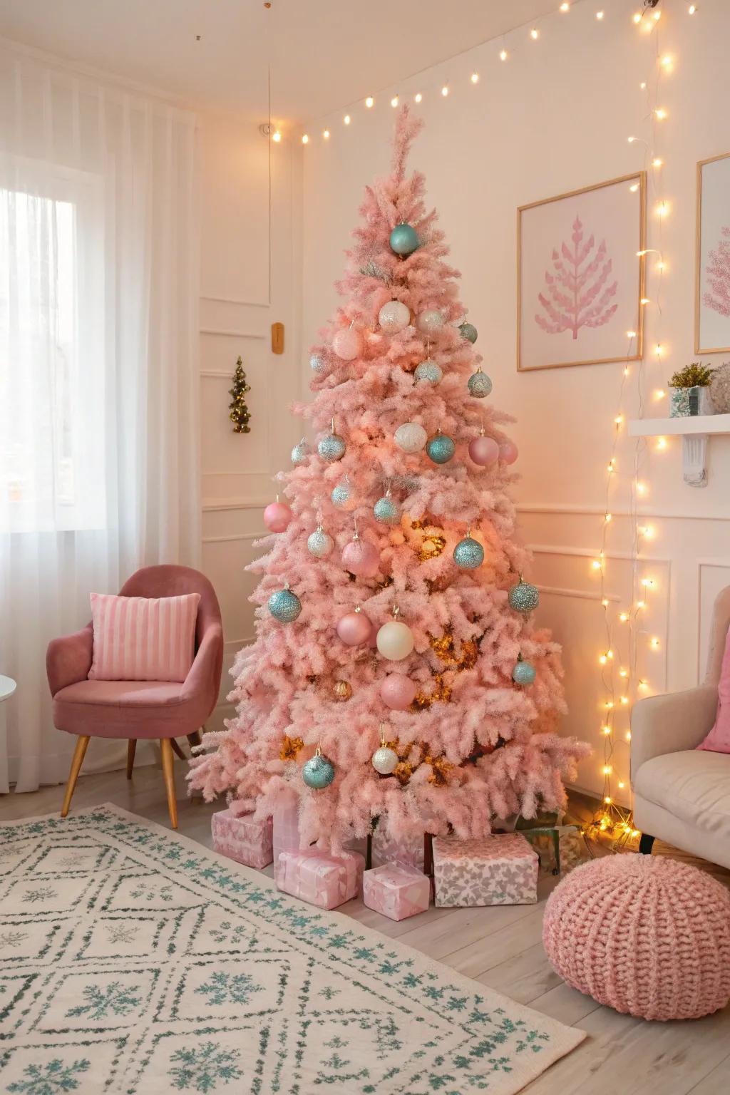 A joyful tree with a mix of pastel decorations.