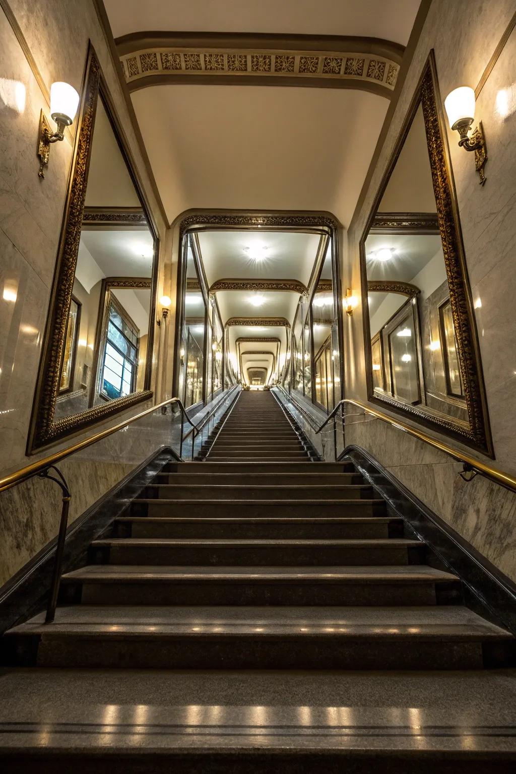 Mirrors along the staircase amplify illumination and dimension.